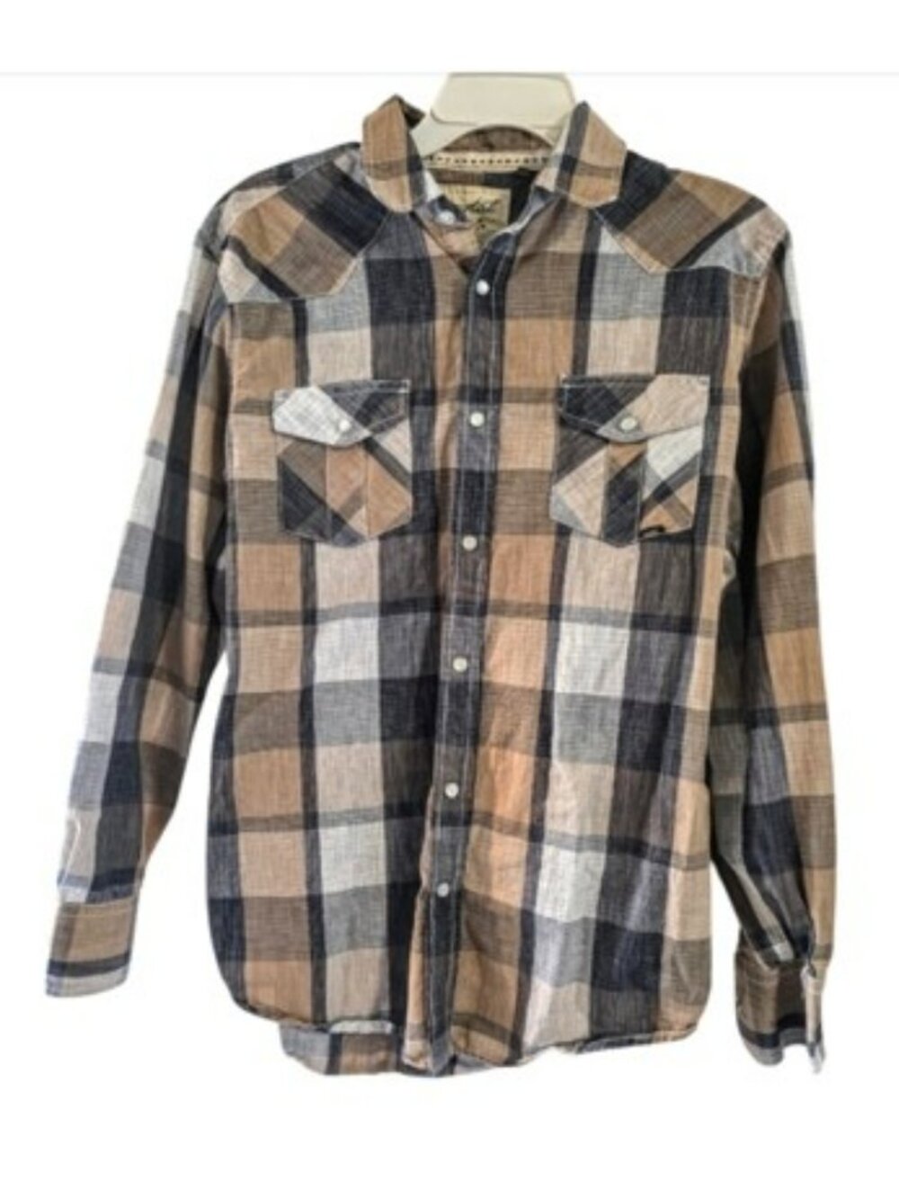 Coastal Men's Western Shirt Size Medium Tan Blue Plaid Snap Down Long Sleeves
